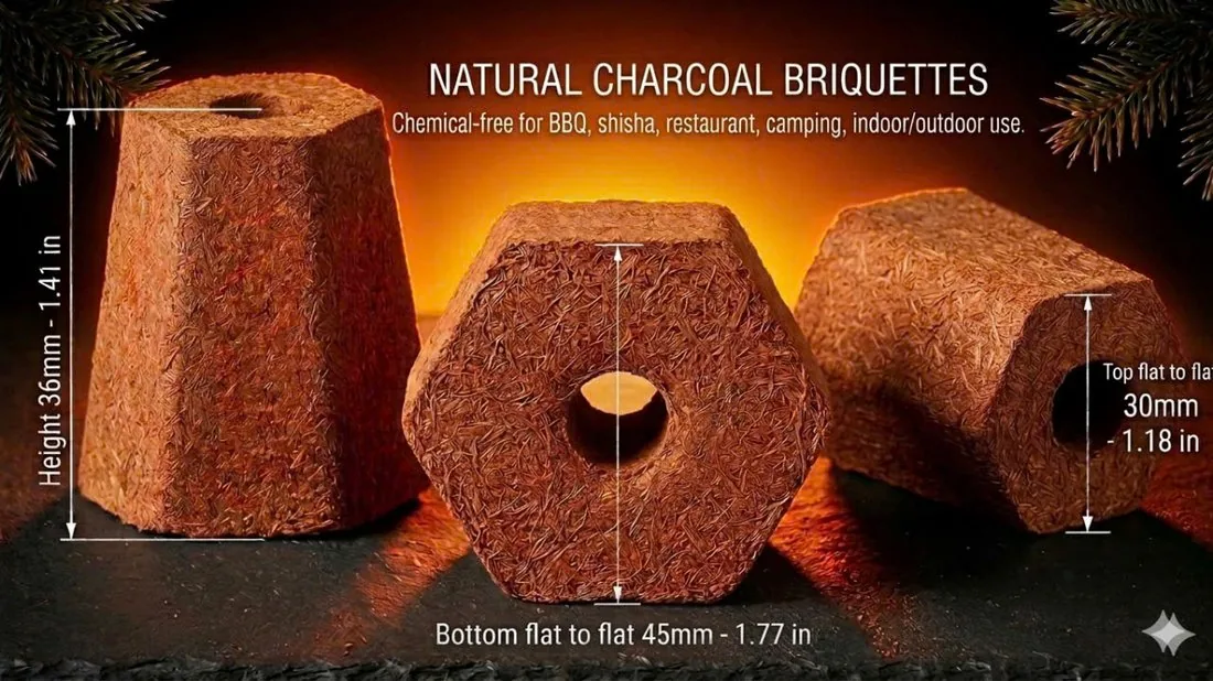 CocoFlame natural charcoal briquettes dimensions — top flat-to-flat 30mm (1.18in), bottom flat-to-flat 45mm (1.77in), height 36mm (1.41in)